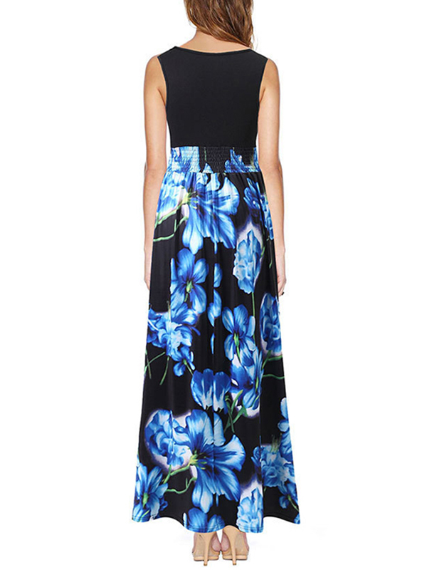 Blue Floral Print V Neck Maxi Dress