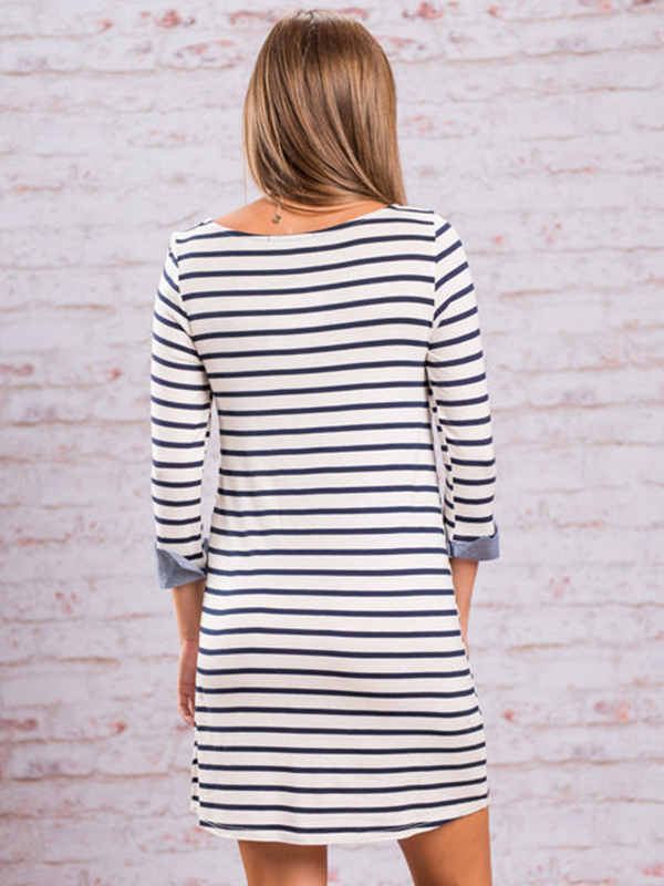 Blue Scoop Neck Long Sleeve Stripe Dress