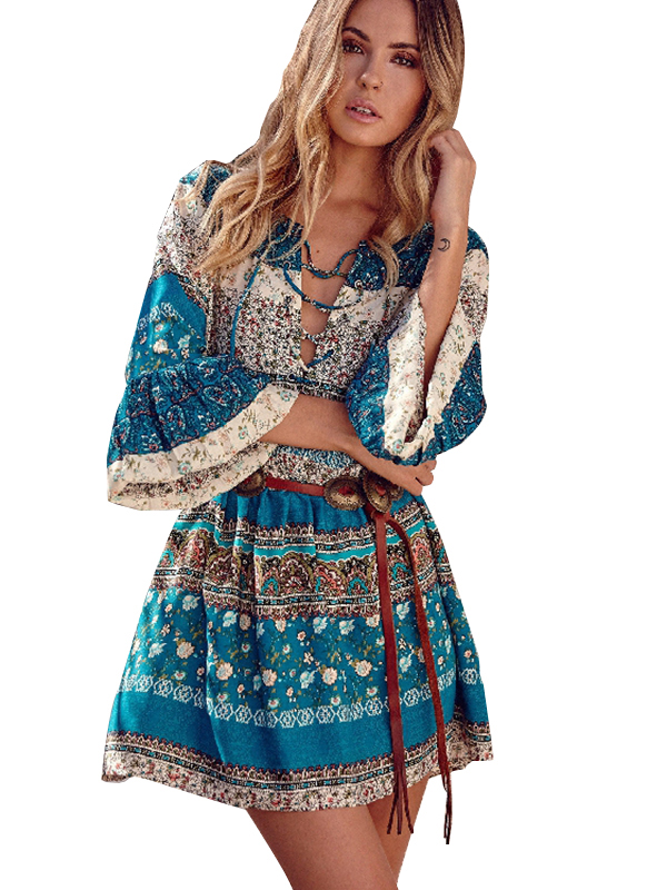 Boho Print Long Sleeve Floral Dress