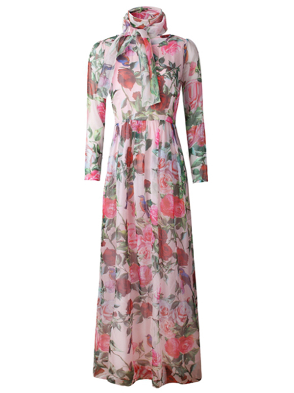 Classic Floral Print Pink Long Sleeve Maxi Dress