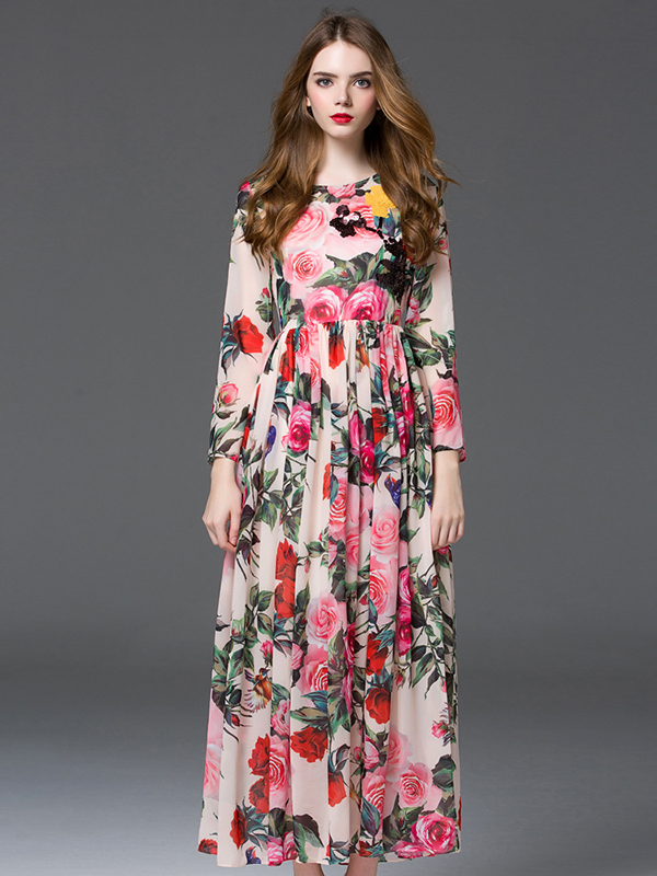 Classic Floral Print Pink Long Sleeve Maxi Dress