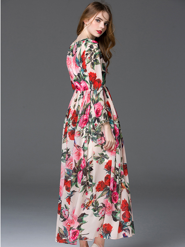 Classic Floral Print Pink Long Sleeve Maxi Dress