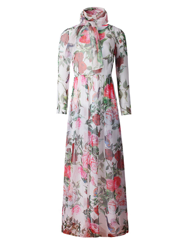 Classic Floral Print White Long Sleeve Maxi Dress