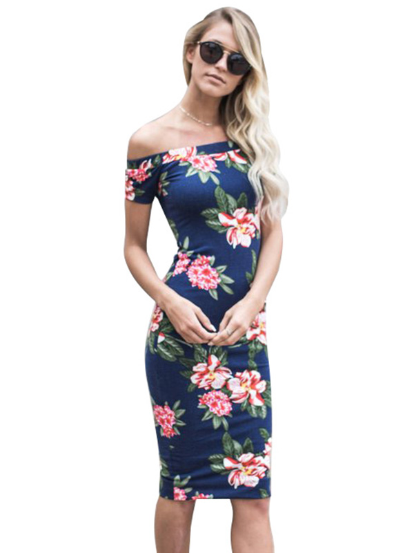 Dark Blue Floral Off Shoulder Midi Dress