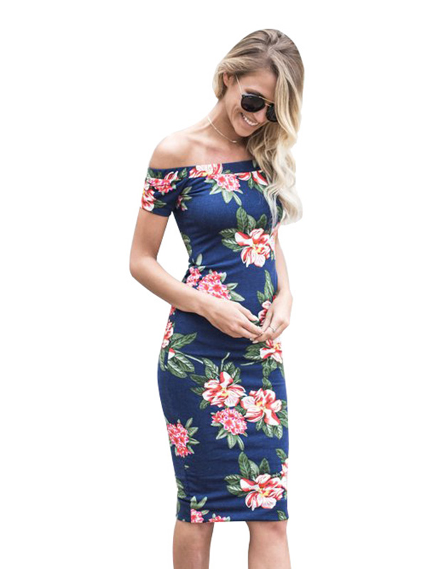 Dark Blue Floral Off Shoulder Midi Dress