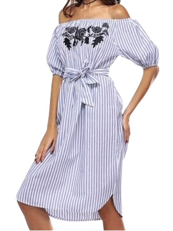 Embroidery Vertical Striped Woman Summer Dress