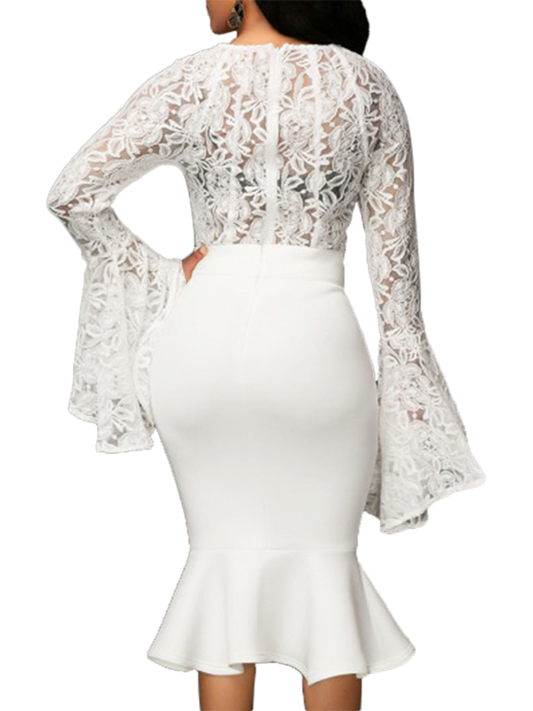 Fashion Flare Sleeve White Lace Midi Dress