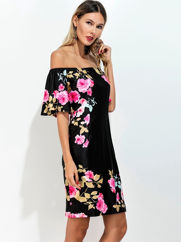 Fashion Flounce Layered Neckline Flower Print Dress