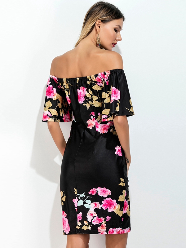 Fashion Flounce Layered Neckline Flower Print Dress