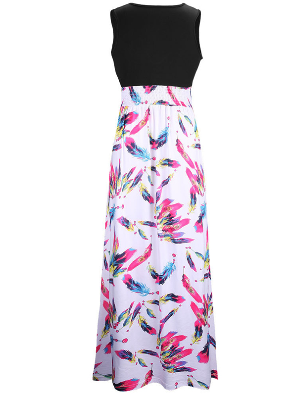 Feather Print Sleeveless V-Neck Maxi Dress