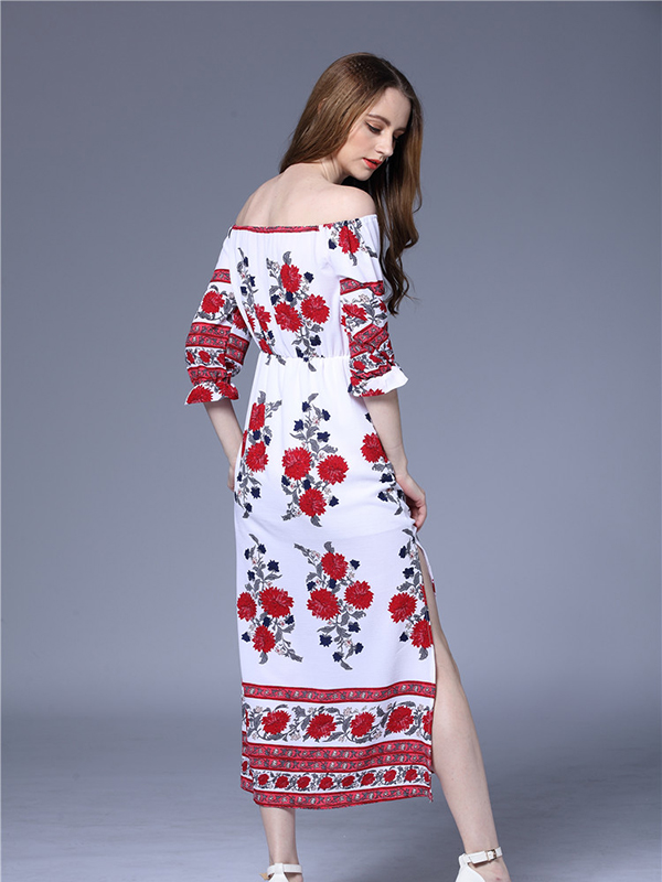 Flower Print Off Shoulder Long Boho Dress