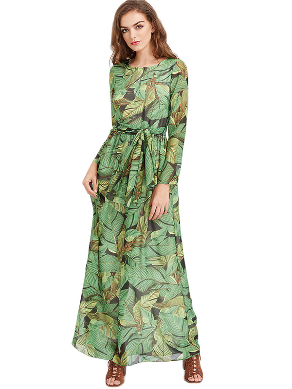 Green Blooming Flower Print Wrap Belt Boho Dress