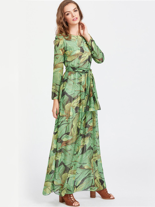 Green Blooming Flower Print Wrap Belt Boho Dress