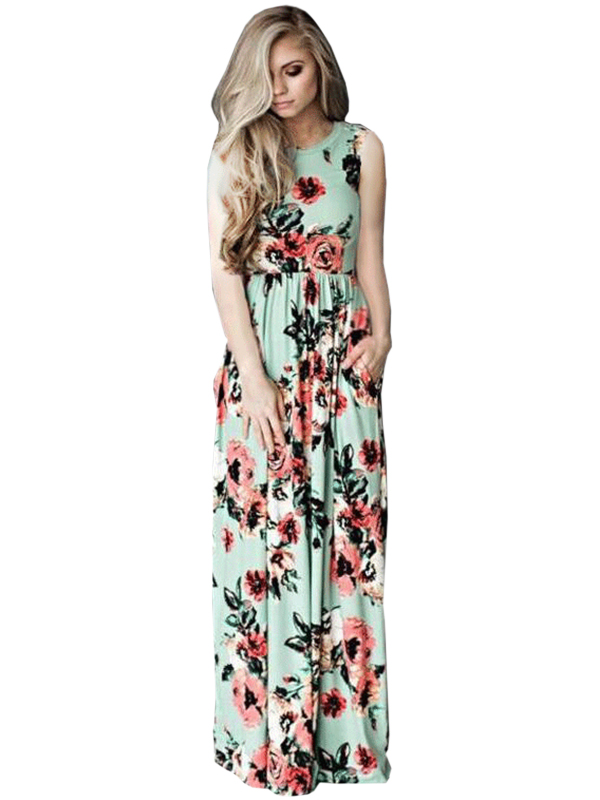 Green Flower Printed Sleeveless Dress