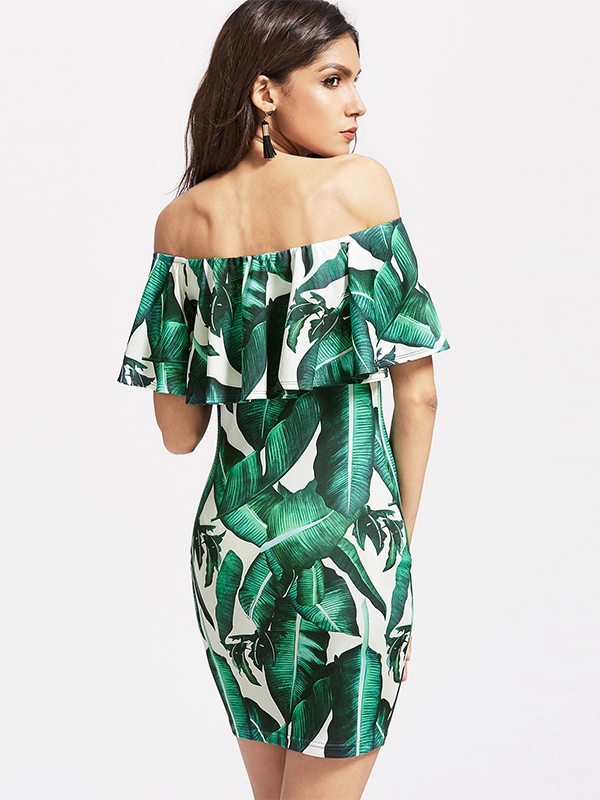 Green Sexy Flounce Layered Neckline Flower Print Dress