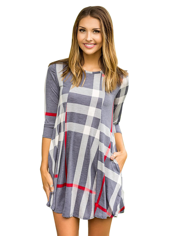 Long Sleeve O-Neck Loose Casual Plaid Dress