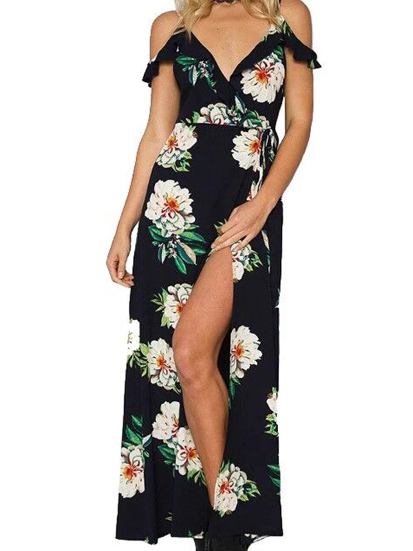 Navy Blue Print White Flower Sexy V Neck Maxi Dress