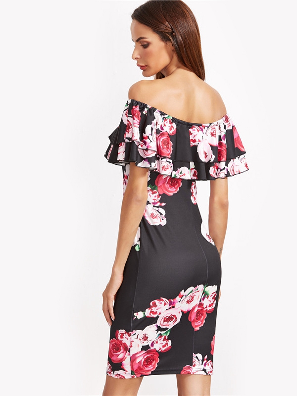 New Style Flounce Layered Neckline Flower Print Dress