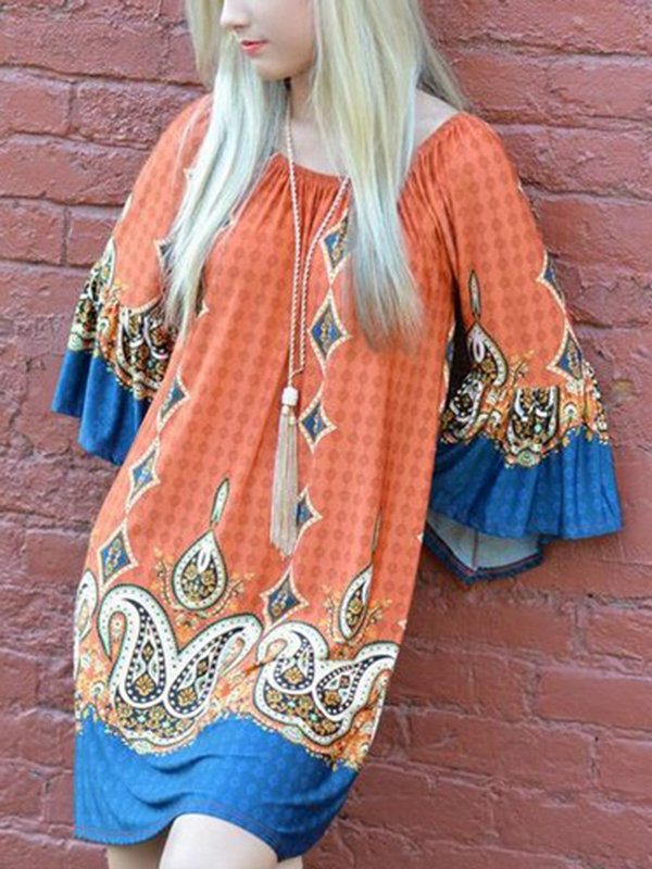 Orange Boho Print Off Shoulder Floral Dress