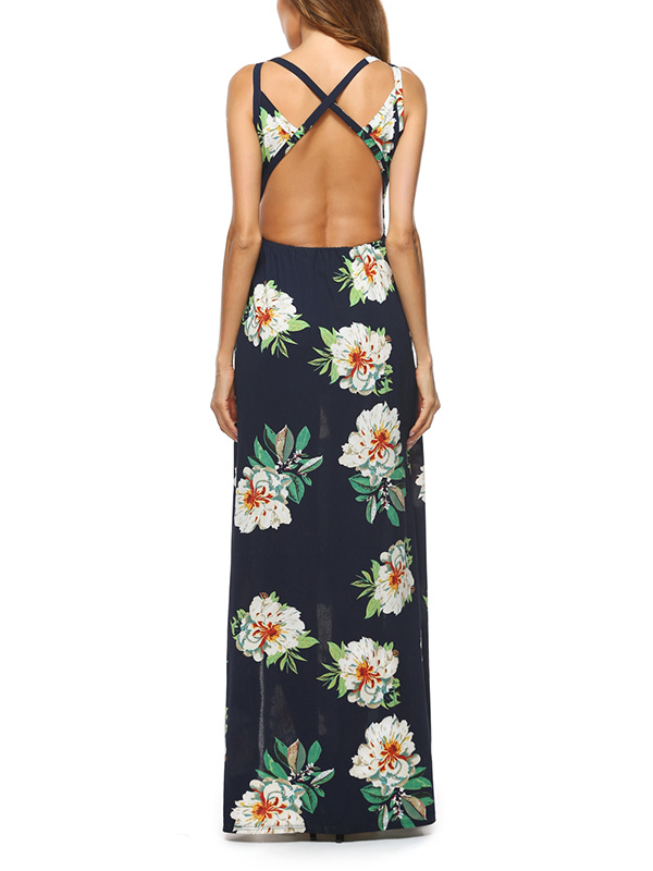 Painting Floral Print Sleeveless Long Boho Dress