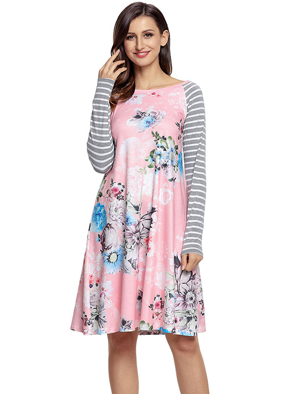 Pink Backdrop Floral Print A-line Loose T-shirt Dress