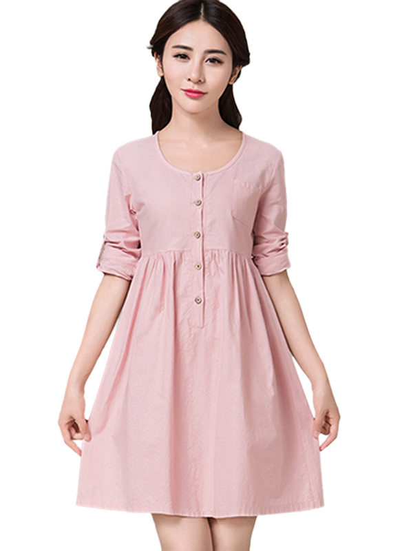 Pink Fashion Casual Long Sleeve Round Dress