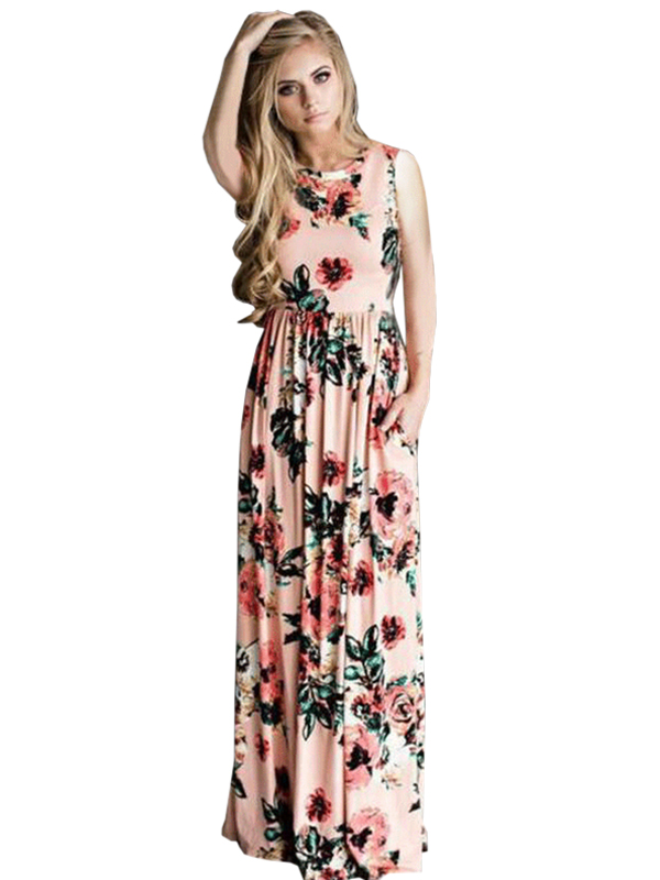 Pink Flower Printed Sleeveless Dress