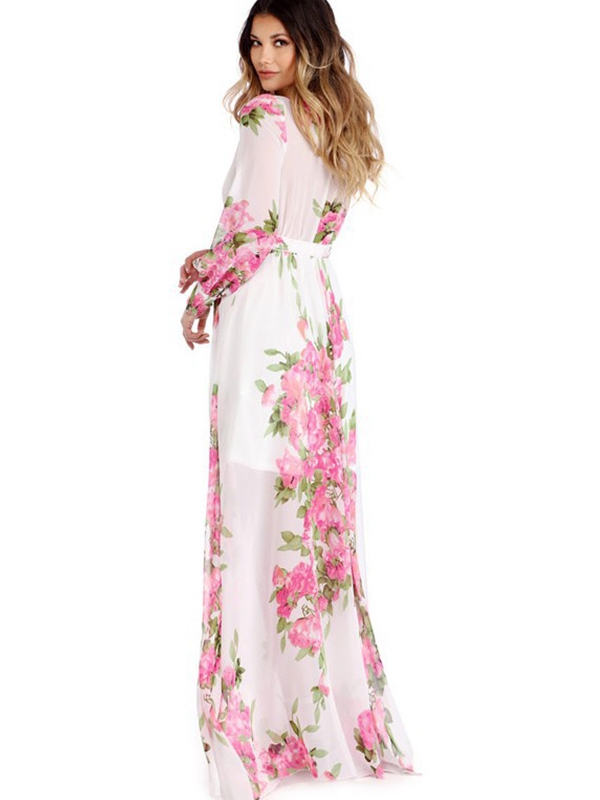 Pink Floral Print Wrapped Long Boho Dress