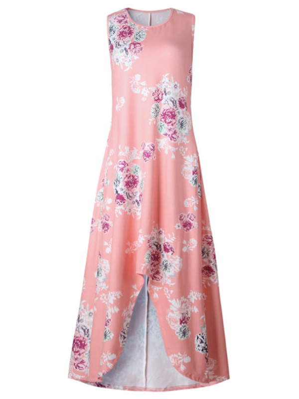 Pink Maxi Dress Boho Round Neck  Dress