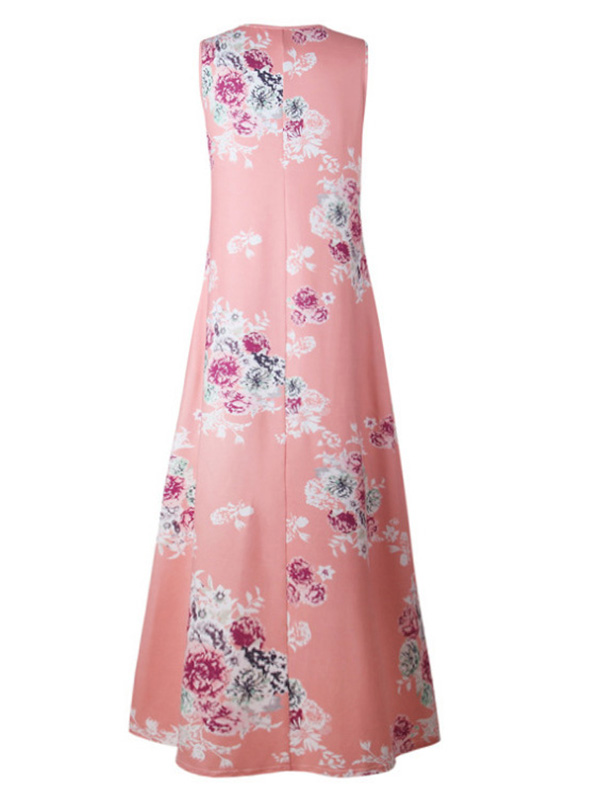 Pink Maxi Dress Boho Round Neck  Dress