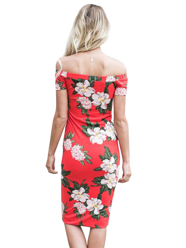 Red Floral Off Shoulder Midi Dress