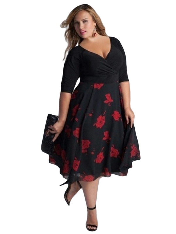 Red Plus Size Flora Print Stitching dress