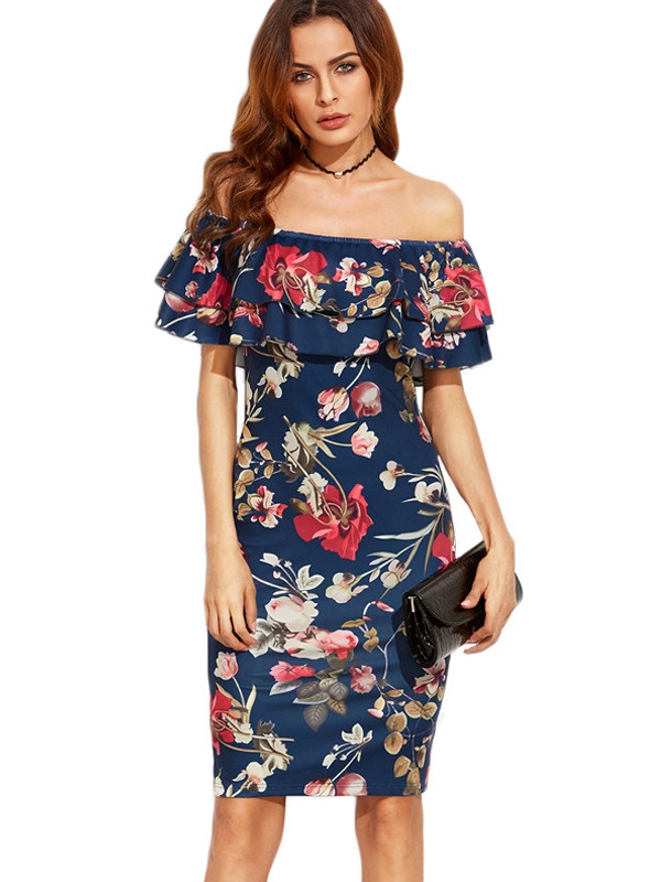 Sexy Flounce Layered Neckline Flower Print Dress