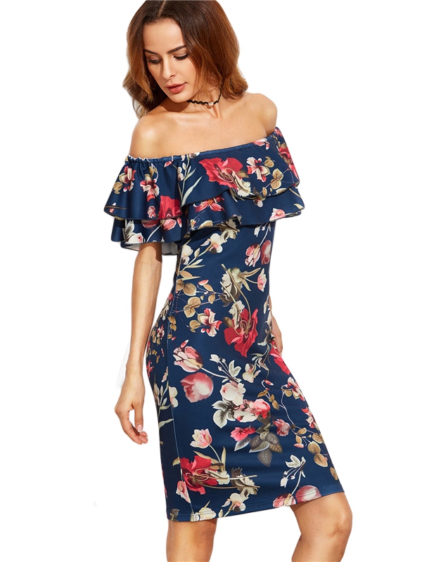 Sexy Flounce Layered Neckline Flower Print Dress