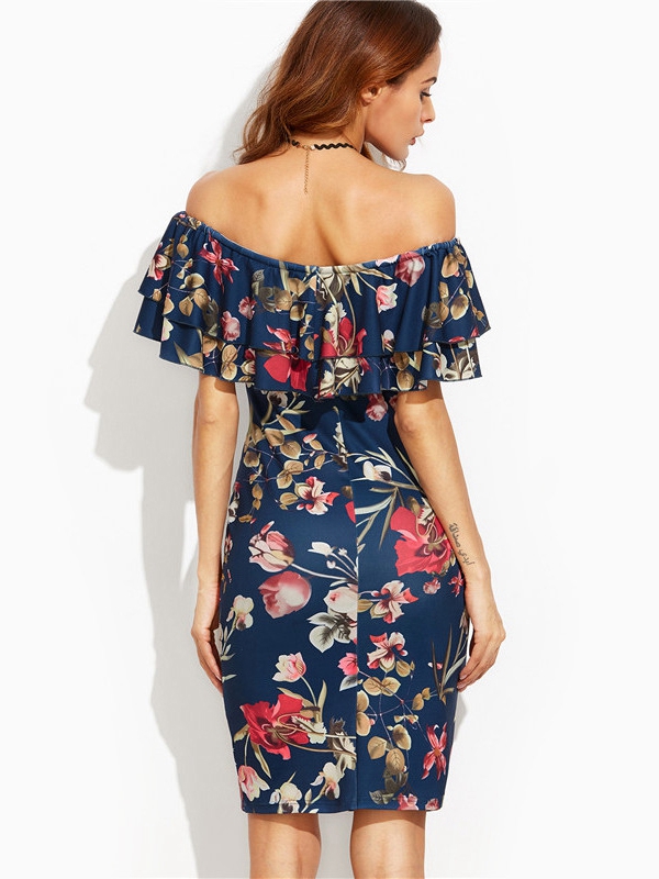 Sexy Flounce Layered Neckline Flower Print Dress