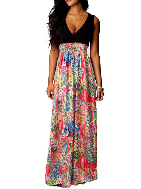 Rose Floral Print V Neck Maxi Dress