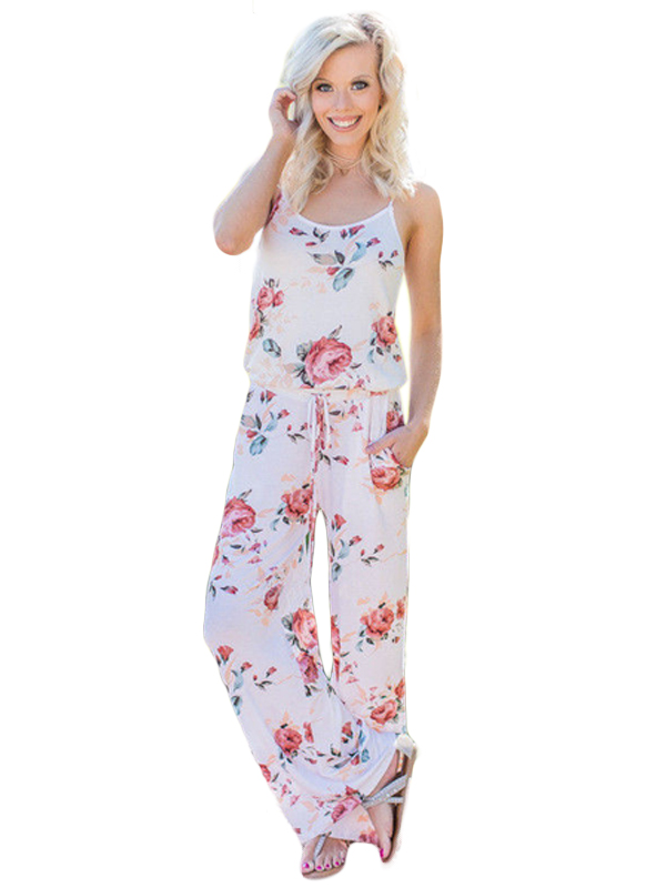 Fashion Women Flower Printed Sleeveless Jumpsuit