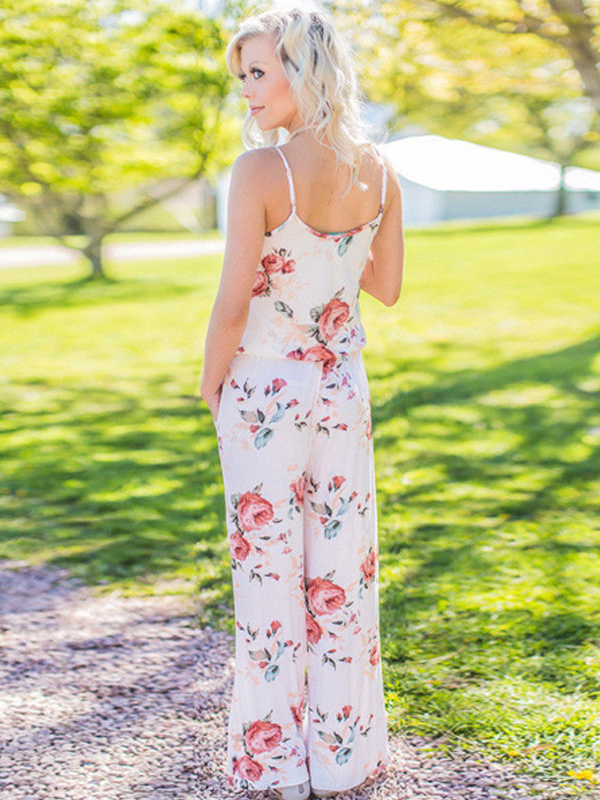 Fashion Women Flower Printed Sleeveless Jumpsuit
