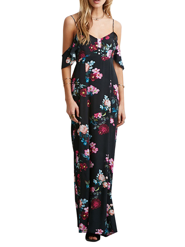 Strap Shoulder Floral Print Maxi Dress