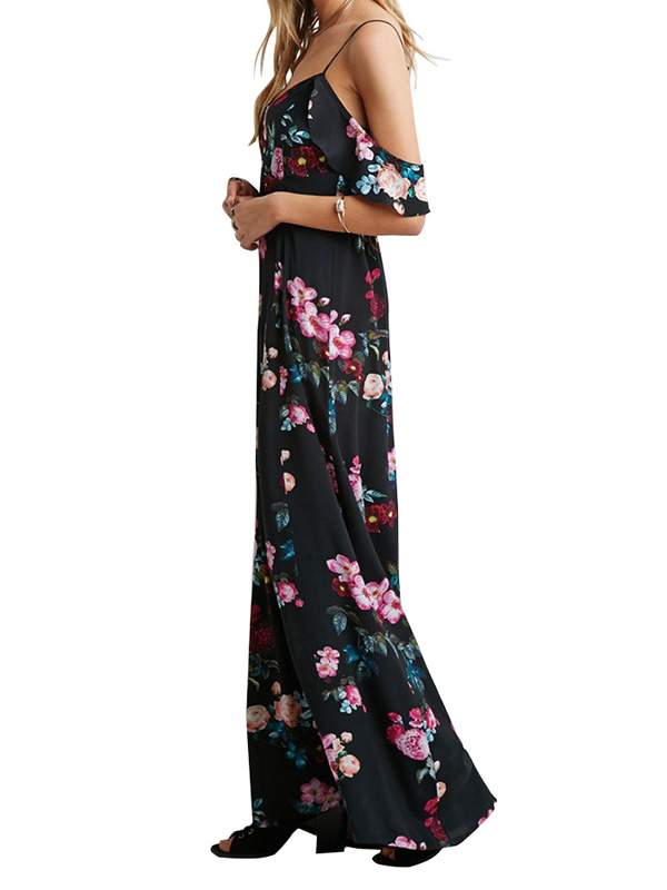 Strap Shoulder Floral Print Maxi Dress