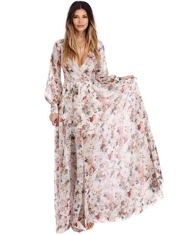 V-Neck Design Long Sleeve Floral Maxi Dress