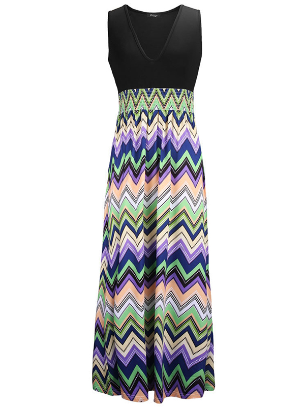 Wave Print Sleeveless V-Neck Maxi Dress