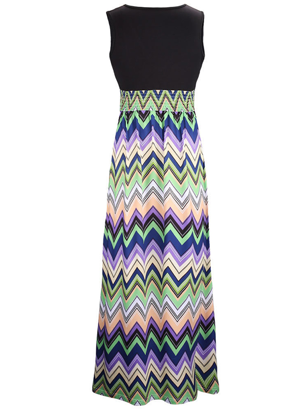 Wave Print Sleeveless V-Neck Maxi Dress