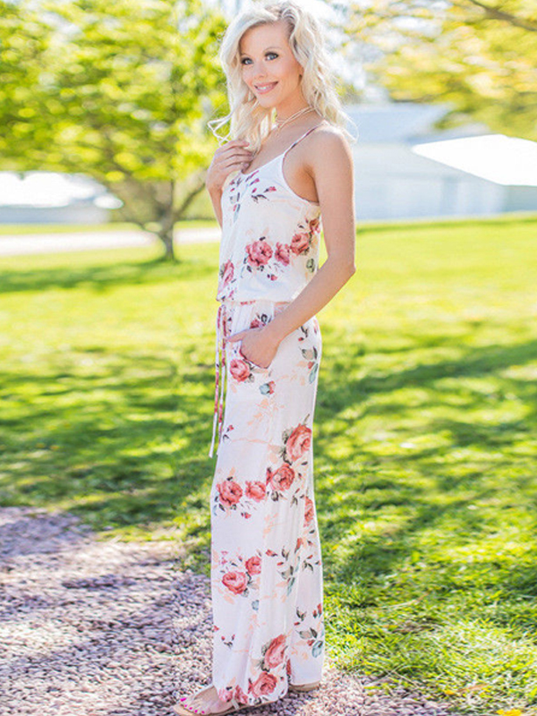 Fashion Women Flower Printed Sleeveless Jumpsuit