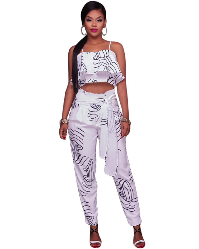White Front Hollow With Waist Bandage Jumpsuit