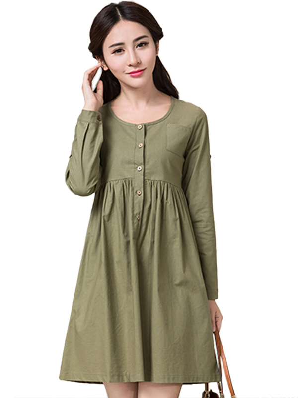 Women Fashion Casual Long Sleeve Round Dress