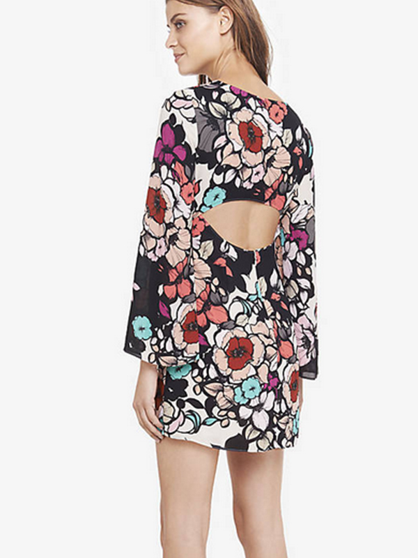 Women Fashion Printed Long Sleeve Backless Mini Dress