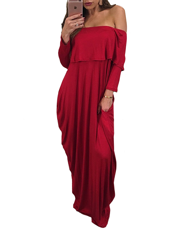 Women Sexy Off Shoulder Red Maxi Dress