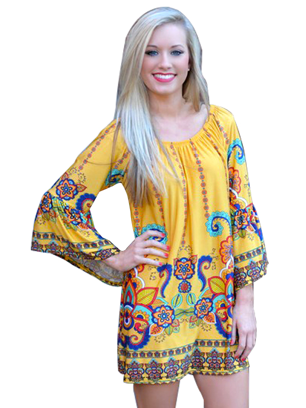 Yellow Boho Print Long Sleeve Floral Dress