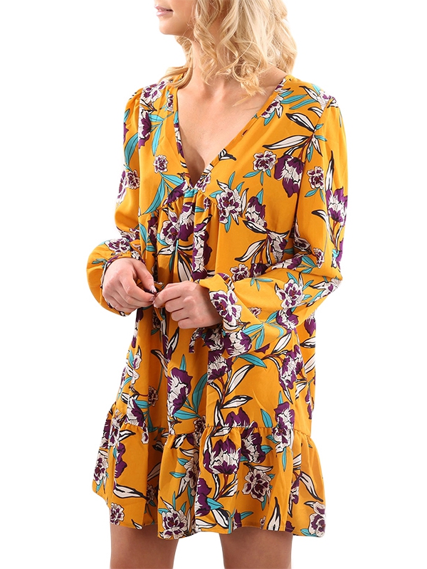 Yellow Flora Printed V Neck Curvy Dress